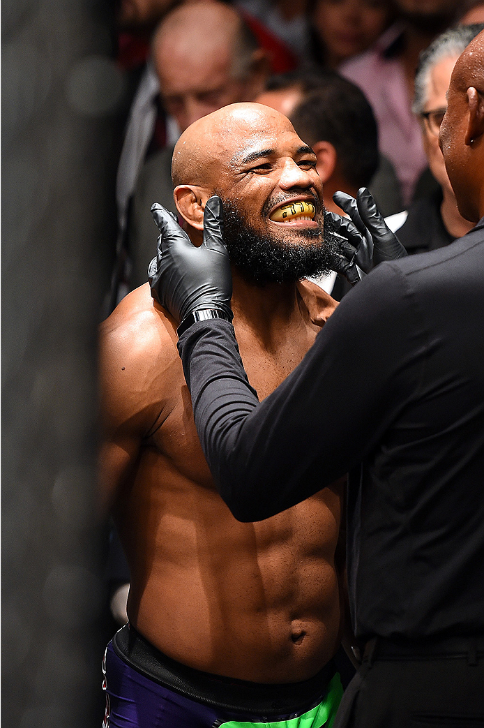 HOLLYWOOD, FL - JUNE 27: Yoel Romero of Cuba prepares to enter the Octagon before facing Lyoto Machida in their middleweight during the UFC Fight Night event at the Hard Rock Live on June 27, 2015 in Hollywood, Florida. (Photo by Josh Hedges/Zuffa LLC/Z