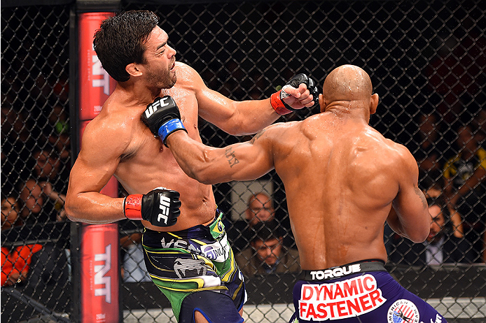 HOLLYWOOD, FL - JUNE 27: (R-L) Yoel Romero of Cuba punches Lyoto Machida of Brazil in their middleweight during the UFC Fight Night event at the Hard Rock Live on June 27, 2015 in Hollywood, Florida. (Photo by Josh Hedges/Zuffa LLC/Zuffa LLC via Getty Im