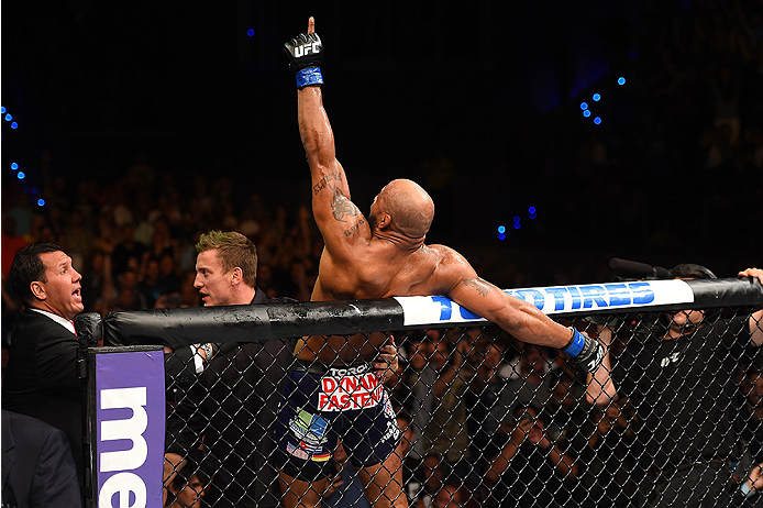 HOLLYWOOD, FL - JUNE 27: Yoel Romero of Cuba celebrates after defeating Lyoto Machida of Brazil in their middleweight during the UFC Fight Night event at the Hard Rock Live on June 27, 2015 in Hollywood, Florida. (Photo by Josh Hedges/Zuffa LLC/Zuffa LLC