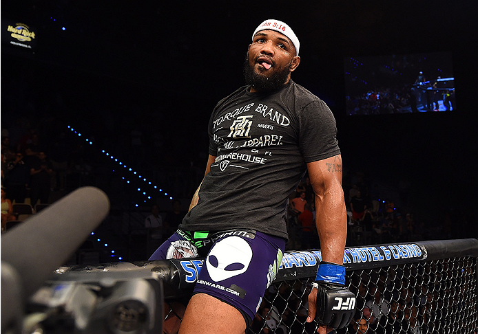 HOLLYWOOD, FL - JUNE 27: Yoel Romero of Cuba celebrates after defeating Lyoto Machida of Brazil in their middleweight fight during the UFC Fight Night event at the Hard Rock Live on June 27, 2015 in Hollywood, Florida. (Photo by Josh Hedges/Zuffa LLC/Zuf