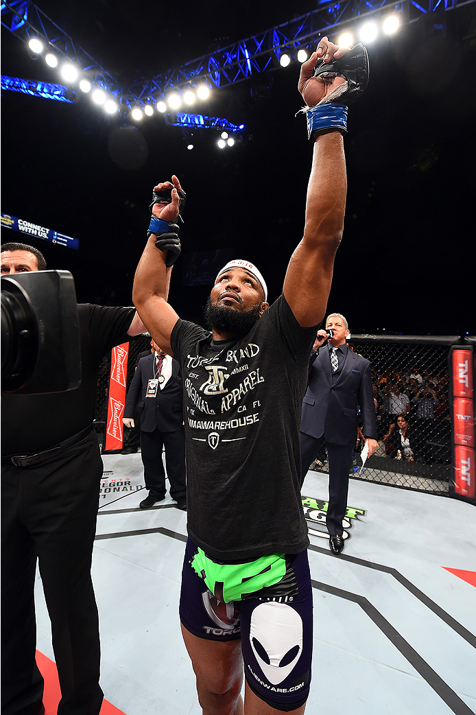 HOLLYWOOD, FL - JUNE 27: Yoel Romero of Cuba celebrates after defeating Lyoto Machida of Brazil in their middleweight fight during the UFC Fight Night event at the Hard Rock Live on June 27, 2015 in Hollywood, Florida. (Photo by Josh Hedges/Zuffa LLC/Zuf