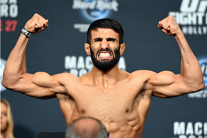 HOLLYWOOD, FL - JUNE 26: Sirwan Kakai of Sweden steps on the scale during the UFC weigh-in at the Seminole Hard Rock Casino on June 26, 2015 in Hollywood, Florida. (Photo by Josh Hedges/Zuffa LLC/Zuffa LLC via Getty Images)