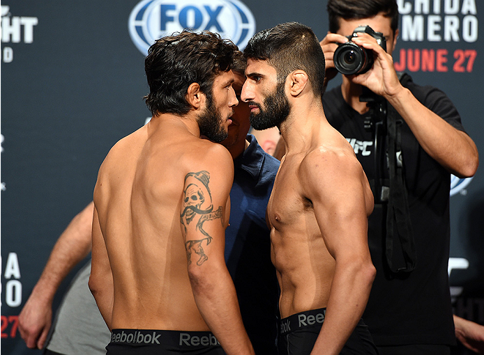 HOLLYWOOD, FL - JUNE 26: (L-R) Danny Martinez and Sirwan Kakai of Sweden face off during the UFC weigh-in at the Seminole Hard Rock Casino on June 26, 2015 in Hollywood, Florida. (Photo by Josh Hedges/Zuffa LLC/Zuffa LLC via Getty Images)