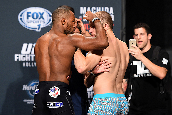 HOLLYWOOD, FL - JUNE 26: (L-R) Leandro Silva and Lewis Gonzalez face-off during the UFC weigh-in at the Seminole Hard Rock Casino on June 26, 2015 in Hollywood, Florida. (Photo by Josh Hedges/Zuffa LLC/Zuffa LLC via Getty Images)
