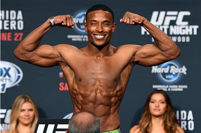 HOLLYWOOD, FL - JUNE 26: Joe Merritt steps on the scale during the UFC weigh-in at the Seminole Hard Rock Casino on June 26, 2015 in Hollywood, Florida. (Photo by Josh Hedges/Zuffa LLC/Zuffa LLC via Getty Images)