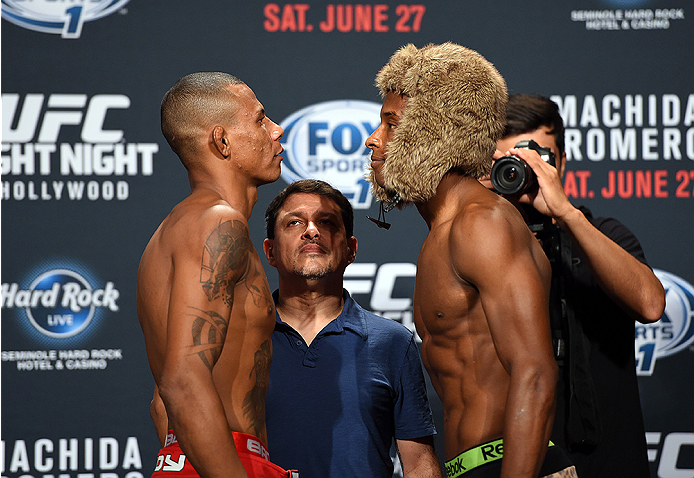 HOLLYWOOD, FL - JUNE 26: (L-R) Alex Oliveira of Brazil and Joe Merritt face-off during the UFC weigh-in at the Seminole Hard Rock Casino on June 26, 2015 in Hollywood, Florida. (Photo by Josh Hedges/Zuffa LLC/Zuffa LLC via Getty Images)