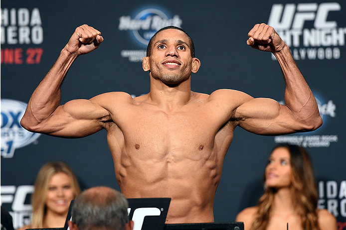 HOLLYWOOD, FL - JUNE 26: Hacran Dias of Brazil steps on the scale during the UFC weigh-in at the Seminole Hard Rock Casino on June 26, 2015 in Hollywood, Florida. (Photo by Josh Hedges/Zuffa LLC/Zuffa LLC via Getty Images)