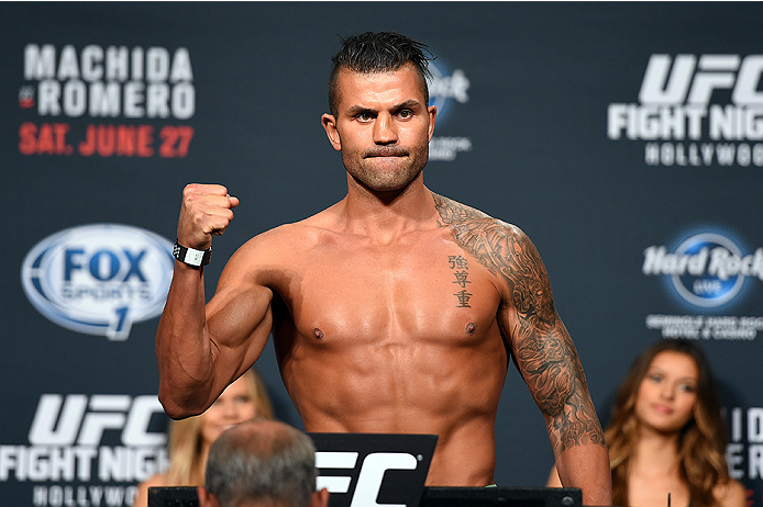 HOLLYWOOD, FL - JUNE 26: Steve Bosse of Canada steps on the scale during the UFC weigh-in at the Seminole Hard Rock Casino on June 26, 2015 in Hollywood, Florida. (Photo by Josh Hedges/Zuffa LLC/Zuffa LLC via Getty Images)