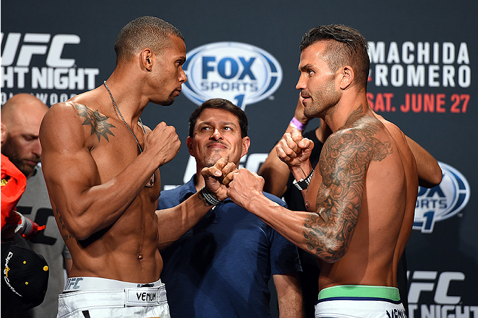 HOLLYWOOD, FL - JUNE 26: (L-R) Thiago Santos of Brazil and Steve Bosse of Canada face-off during the UFC weigh-in at the Seminole Hard Rock Casino on June 26, 2015 in Hollywood, Florida. (Photo by Josh Hedges/Zuffa LLC/Zuffa LLC via Getty Images)