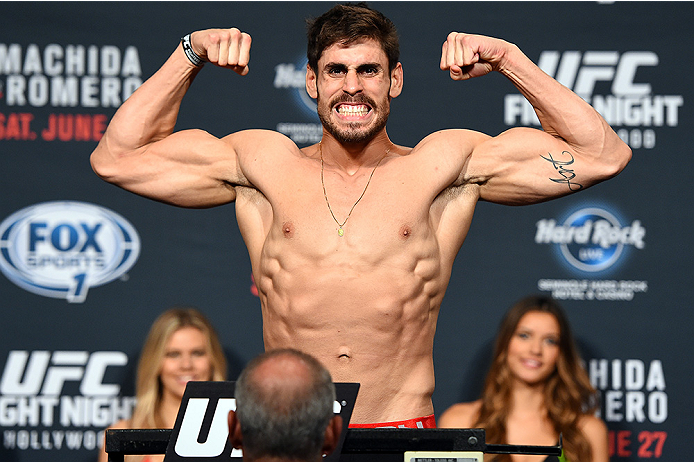 HOLLYWOOD, FL - JUNE 26: Antonio Carlos Junior of Brazil steps on the scale during the UFC weigh-in at the Seminole Hard Rock Casino on June 26, 2015 in Hollywood, Florida. (Photo by Josh Hedges/Zuffa LLC/Zuffa LLC via Getty Images)