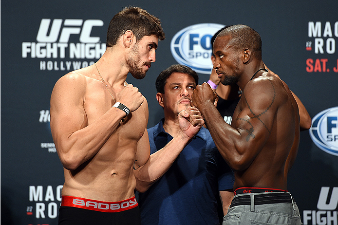 HOLLYWOOD, FL - JUNE 26: (L-R) Antonio Carlos Junior of Brazil and Eddie Gordon face-off during the UFC weigh-in at the Seminole Hard Rock Casino on June 26, 2015 in Hollywood, Florida. (Photo by Josh Hedges/Zuffa LLC/Zuffa LLC via Getty Images)
