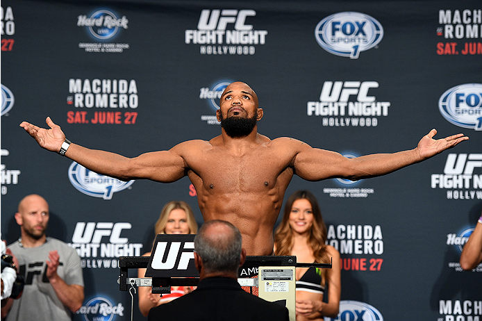 HOLLYWOOD, FL - JUNE 26: Yoel Romero of Cuba steps on the scale during the UFC weigh-in at the Seminole Hard Rock Casino on June 26, 2015 in Hollywood, Florida. (Photo by Josh Hedges/Zuffa LLC/Zuffa LLC via Getty Images)