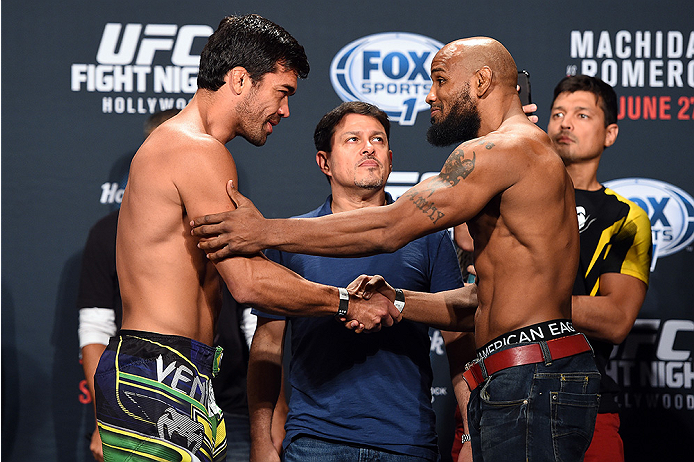 HOLLYWOOD, FL - JUNE 26: (L-R) Lyoto Machida of Brazil and Yoel Romero of Cuba shakes hands after facing off during the UFC weigh-in at the Seminole Hard Rock Casino on June 26, 2015 in Hollywood, Florida. (Photo by Josh Hedges/Zuffa LLC/Zuffa LLC via Ge