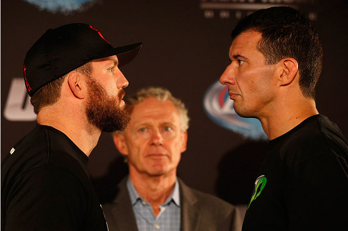 BRISBANE, AUSTRALIA - DECEMBER 05: (L-R) Opponents Ryan Bader and Anthony Perosh face off during the UFC Ultimate Media Day at the Brisbane Marriott Hotel on December 5, 2013 in Brisbane, Australia. (Photo by Josh Hedges/Zuffa LLC/Zuffa LLC via Getty Ima