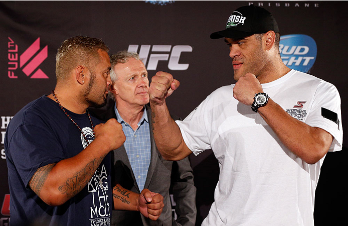 BRISBANE, AUSTRALIA - DECEMBER 05: (L-R) Opponents Mark Hunt and Antonio "Bigfoot" Silva face off during the UFC Ultimate Media Day at the Brisbane Marriott Hotel on December 5, 2013 in Brisbane, Australia. (Photo by Josh Hedges/Zuffa LLC/Zuffa LLC via G