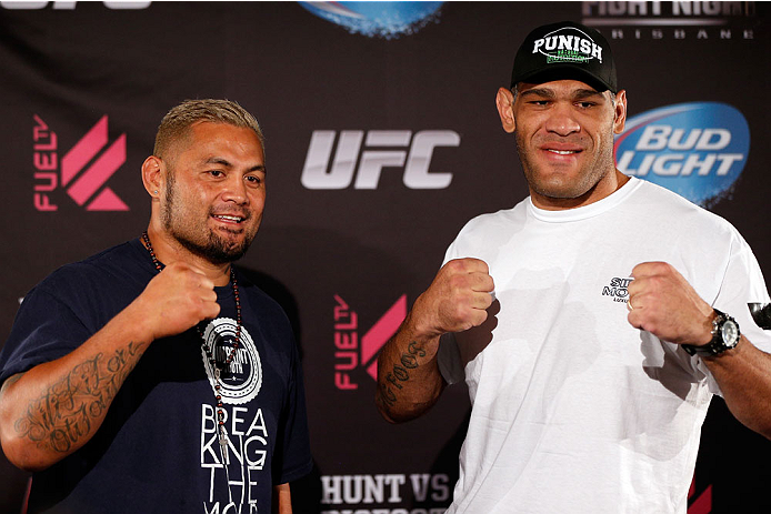 BRISBANE, AUSTRALIA - DECEMBER 05: (L-R) Opponents Mark Hunt and Antonio "Bigfoot" Silva pose for photos during the UFC Ultimate Media Day at the Brisbane Marriott Hotel on December 5, 2013 in Brisbane, Australia. (Photo by Josh Hedges/Zuffa LLC/Zuffa LL