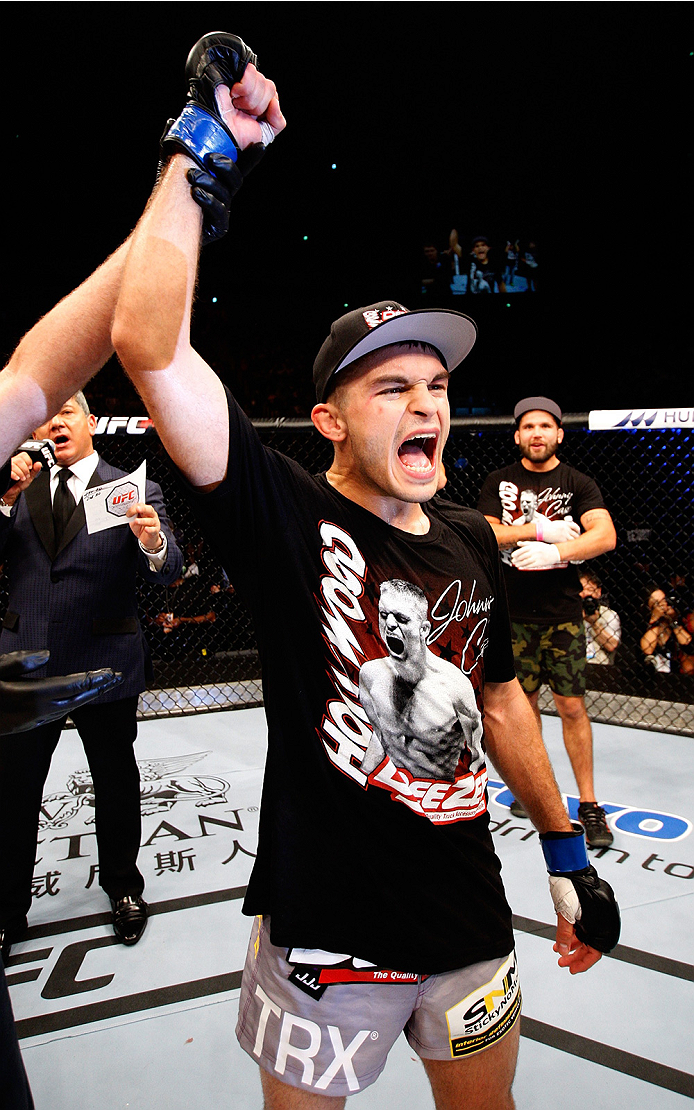 SAITAMA, JAPAN - SEPTEMBER 20: Johnny Case celebrates his win over Kazuki Tokudome in their lightweight bout during the UFC Fight Night event inside the Saitama Arena on September 20, 2014 in Saitama, Japan. (Photo by Mitch Viquez/Zuffa LLC/Zuffa LLC via