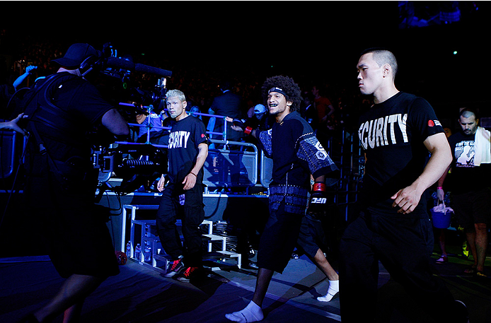 SAITAMA, JAPAN - SEPTEMBER 20: Alex Caceres walks out before his bantamweight bout during the UFC Fight Night event inside the Saitama Arena on September 20, 2014 in Saitama, Japan. (Photo by Mitch Viquez/Zuffa LLC/Zuffa LLC via Getty Images)