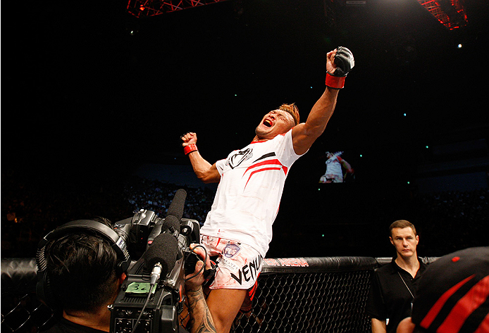 SAITAMA, JAPAN - SEPTEMBER 20: Kiichi Kunimoto celebrates after his win over Richard Walsh in their welterweight bout during the UFC Fight Night event inside the Saitama Arena on September 20, 2014 in Saitama, Japan. (Photo by Mitch Viquez/Zuffa LLC/Zuff
