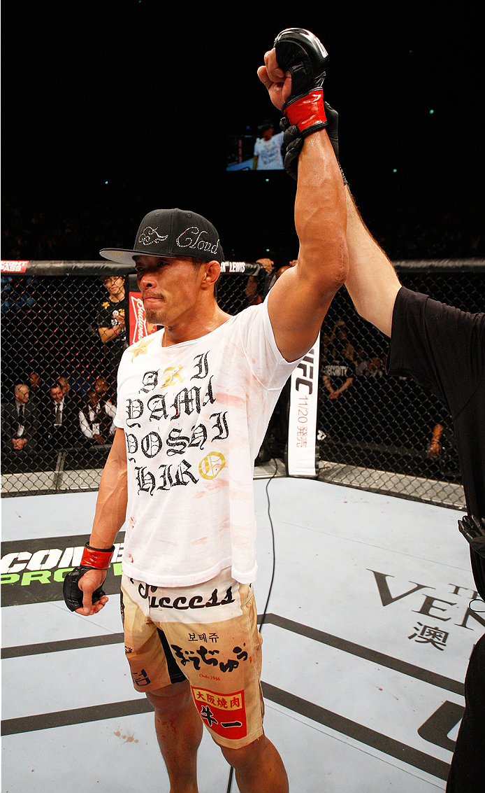 SAITAMA, JAPAN - SEPTEMBER 20: Yoshihiro Akiyama wins his welterweight bout by decision during the UFC Fight Night event inside the Saitama Arena on September 20, 2014 in Saitama, Japan. (Photo by Mitch Viquez/Zuffa LLC/Zuffa LLC via Getty Images)