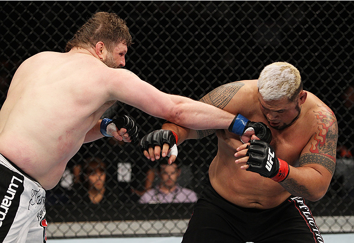 SAITAMA, JAPAN - SEPTEMBER 20: Roy Nelson punches Mark Hunt in their heavyweight bout during the UFC Fight Night event inside the Saitama Arena on September 20, 2014 in Saitama, Japan. (Photo by Mitch Viquez/Zuffa LLC/Zuffa LLC via Getty Images)