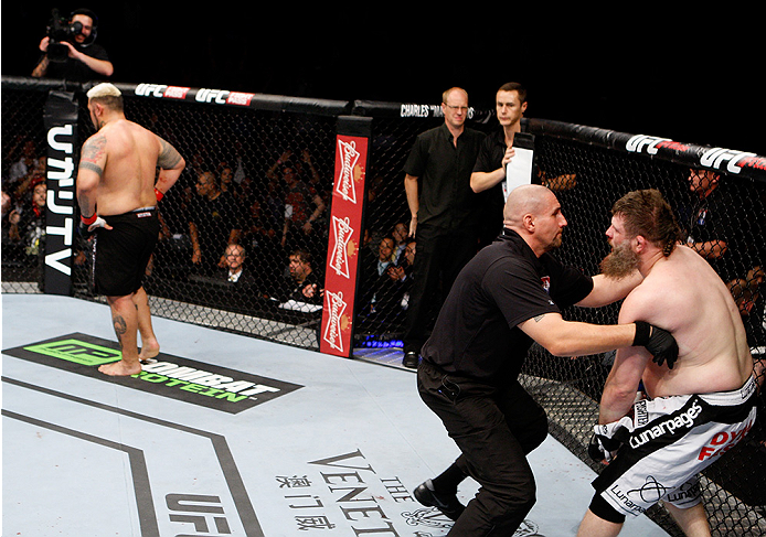 SAITAMA, JAPAN - SEPTEMBER 20: Mark Hunt walks away after knocking out Roy Nelson in their heavyweight bout during the UFC Fight Night event inside the Saitama Arena on September 20, 2014 in Saitama, Japan. (Photo by Mitch Viquez/Zuffa LLC/Zuffa LLC via G