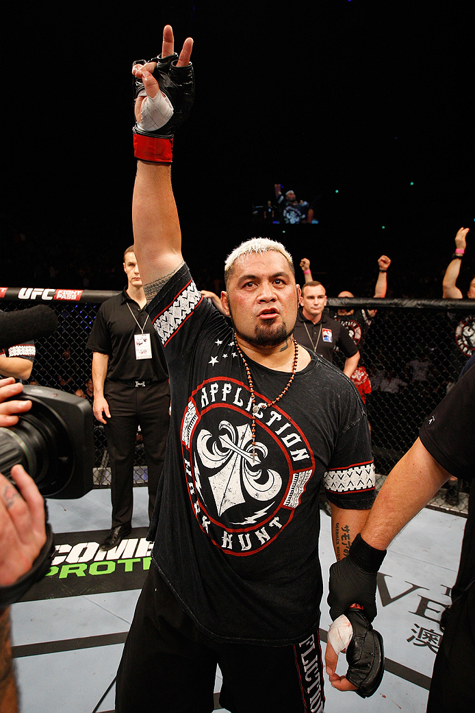 SAITAMA, JAPAN - SEPTEMBER 20: Mark Hunt celebrates after his win over Roy Nelson in their heavyweight bout during the UFC Fight Night event inside the Saitama Arena on September 20, 2014 in Saitama, Japan. (Photo by Mitch Viquez/Zuffa LLC/Zuffa LLC via