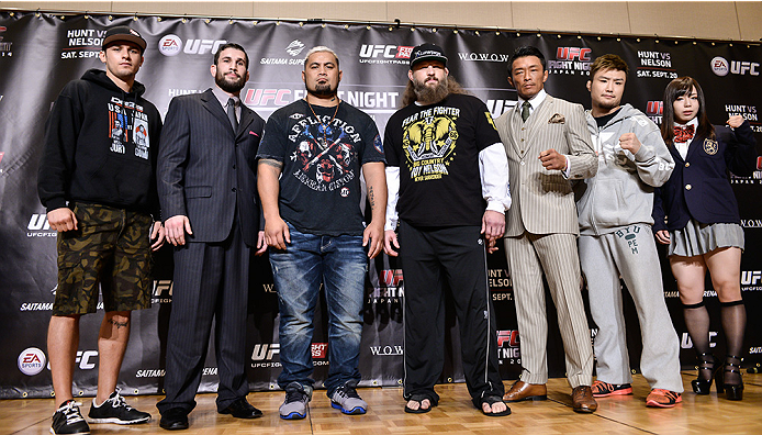 TOKYO, JAPAN - SEPTEMBER 17: (L-R) Myles Jury, Amir Sadollah, Mark Hunt, Roy Nelson, Yoshinori Akiyama, Takanori Gomi and Rin Nakai pose for media during the UFC Ultimate Media Day at the Hilton Tokyo on September 17, 2014 in Tokyo, Japan. (Photo by Kei