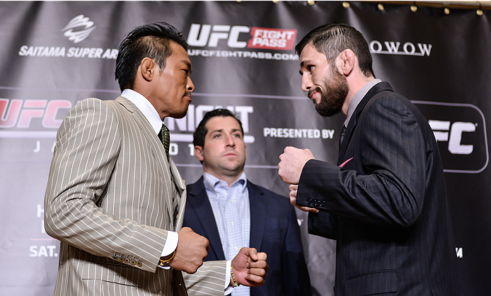 TOKYO, JAPAN - SEPTEMBER 17: Yoshihiro Akiyama (L) and Amir Sadollah square off for the media during the UFC Ultimate Media Day at the Hilton Tokyo on September 17, 2014 in Tokyo, Japan. (Photo by Keith Tsuji/Zuffa LLC/Zuffa LLC via Getty Images)