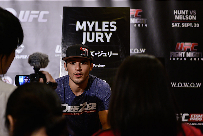 TOKYO, JAPAN - SEPTEMBER 17: Myles Jury interacts with media during the UFC Ultimate Media Day at the Hilton Tokyo on September 17, 2014 in Tokyo, Japan. (Photo by Keith Tsuji/Zuffa LLC/Zuffa LLC via Getty Images)