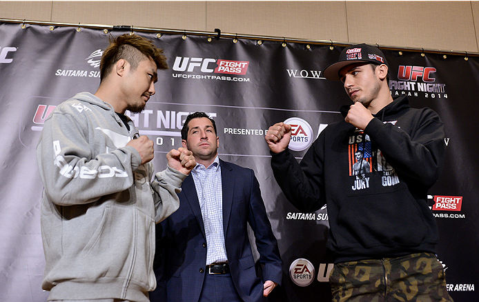 TOKYO, JAPAN - SEPTEMBER 17: Takanori Gomi (L) and Myles Jury square off for the media during the UFC Ultimate Media Day at the Hilton Tokyo on September 17, 2014 in Tokyo, Japan. (Photo by Keith Tsuji/Zuffa LLC/Zuffa LLC via Getty Images)