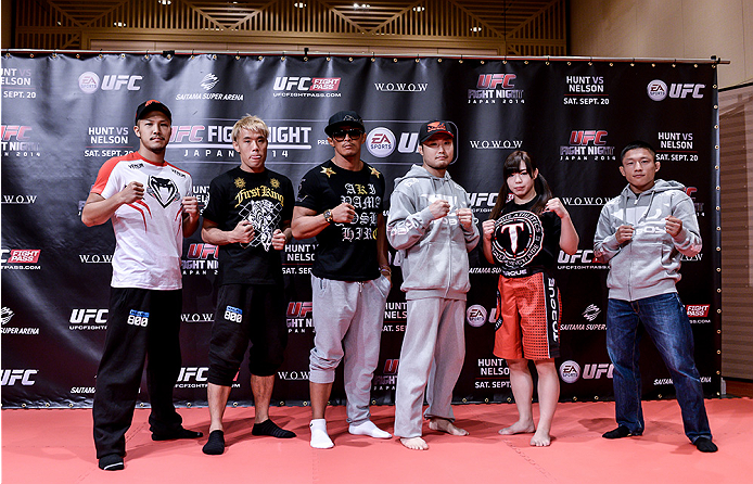 TOKYO, JAPAN - SEPTEMBER 16: (L-R) Kazuki Tokudome, Masanori Kanehara, Yoshinori Akiyama, Takanori Gomi, Rin Nakai and Kyoji Horiguchi hold a UFC Fight Night open workout for media at the Hilton Tokyo on September 16, 2014 in Tokyo, Japan. (Photo by Kei