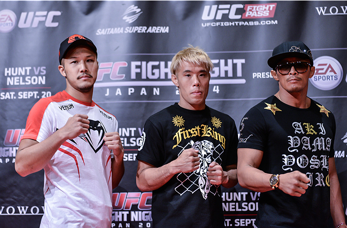 TOKYO, JAPAN - SEPTEMBER 16: (L-R) Kazuki Tokudome, Masanori Kanehara and Yoshinori Akiyama hold a UFC Fight Night open workout for media at the Hilton Tokyo on September 16, 2014 in Tokyo, Japan. (Photo by Keith Tsuji/Zuffa LLC/Zuffa LLC via Getty Imag