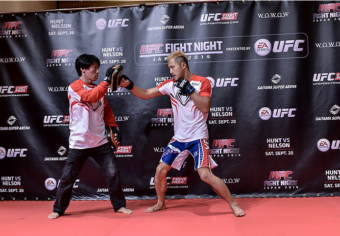 TOKYO, JAPAN - SEPTEMBER 16: Kazuki Tokudome of Japan holds a UFC Fight Night open workout for media at the Hilton Tokyo on September 16, 2014 in Tokyo, Japan. (Photo by Keith Tsuji/Zuffa LLC/Zuffa LLC via Getty Images)
