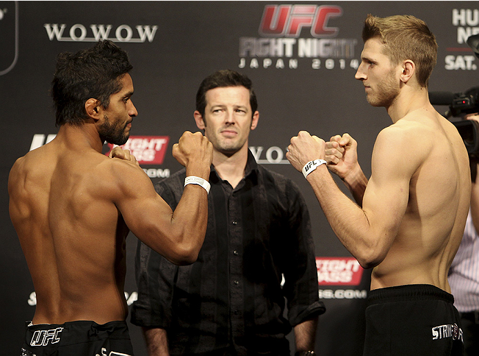 SAITAMA, JAPAN - SEPTEMBER 19: (L and R) Maximo Blanco and Dan Hooker during the UFC Fight Night weigh-in event on September 19, 2014 in Saitama, Japan. (Photo by Mitch Viquez/Zuffa LLC/Zuffa LLC via Getty Images)