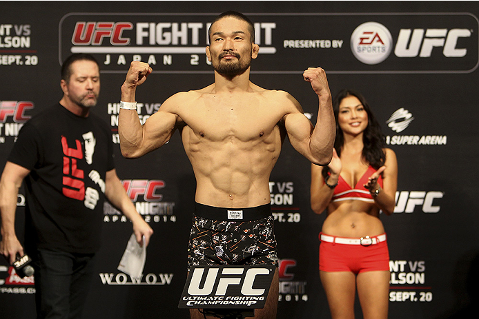 SAITAMA, JAPAN - SEPTEMBER 19: Katsunori Kikuno steps on the scale during the UFC Fight Night weigh-in event on September 19, 2014 in Saitama, Japan. (Photo by Mitch Viquez/Zuffa LLC/Zuffa LLC via Getty Images)
