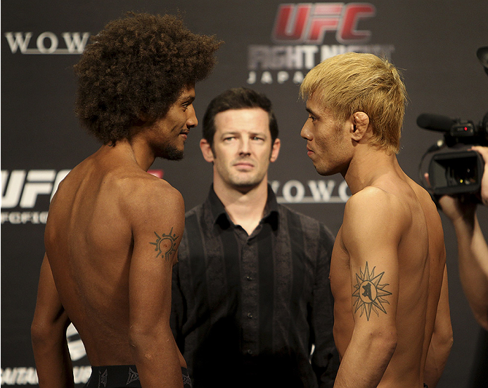 SAITAMA, JAPAN - SEPTEMBER 19: (L and R) Alex Caceres and Masanori Kanehara during the UFC Fight Night weigh-in event on September 19, 2014 in Saitama, Japan. (Photo by Mitch Viquez/Zuffa LLC/Zuffa LLC via Getty Images)