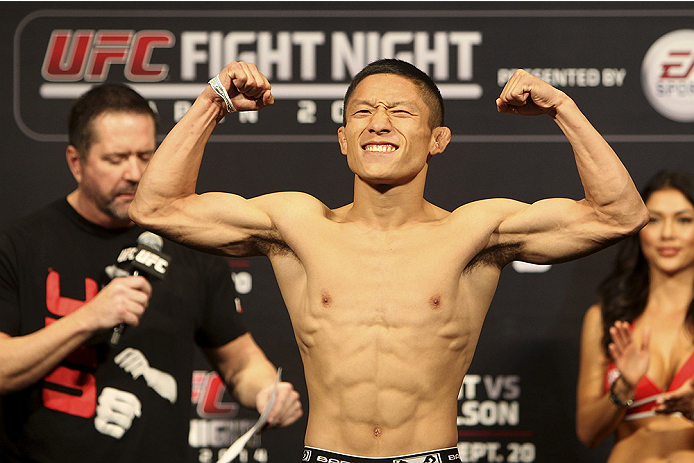 SAITAMA, JAPAN - SEPTEMBER 19: Kyoji Horiguchi steps on the scale during the UFC Fight Night weigh-in event on September 19, 2014 in Saitama, Japan. (Photo by Mitch Viquez/Zuffa LLC/Zuffa LLC via Getty Images)