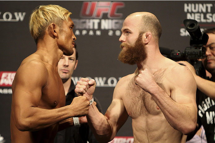 SAITAMA, JAPAN - SEPTEMBER 19: (L and R) Kiichi Kunimoto and Richard Walsh during the UFC Fight Night weigh-in event on September 19, 2014 in Saitama, Japan. (Photo by Mitch Viquez/Zuffa LLC/Zuffa LLC via Getty Images)