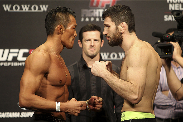 SAITAMA, JAPAN - SEPTEMBER 19: (L and R) Yoshihiro Akiyama and Amir Sadollah during the UFC Fight Night weigh-in event on September 19, 2014 in Saitama, Japan. (Photo by Mitch Viquez/Zuffa LLC/Zuffa LLC via Getty Images)