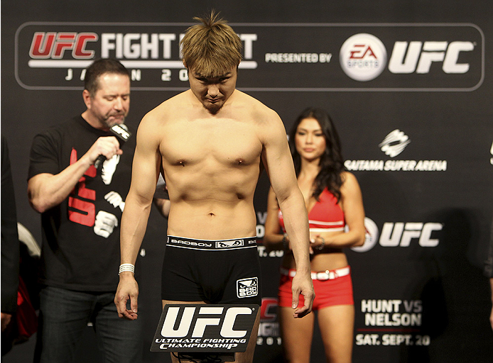 SAITAMA, JAPAN - SEPTEMBER 19: Takanori Gomi steps on the scale during the UFC Fight Night weigh-in event on September 19, 2014 in Saitama, Japan. (Photo by Mitch Viquez/Zuffa LLC/Zuffa LLC via Getty Images)