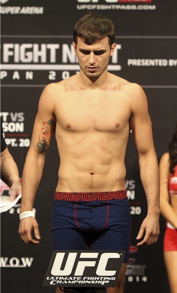 SAITAMA, JAPAN - SEPTEMBER 19: Myles Jury steps on the scale during the UFC Fight Night weigh-in event on September 19, 2014 in Saitama, Japan. (Photo by Mitch Viquez/Zuffa LLC/Zuffa LLC via Getty Images)