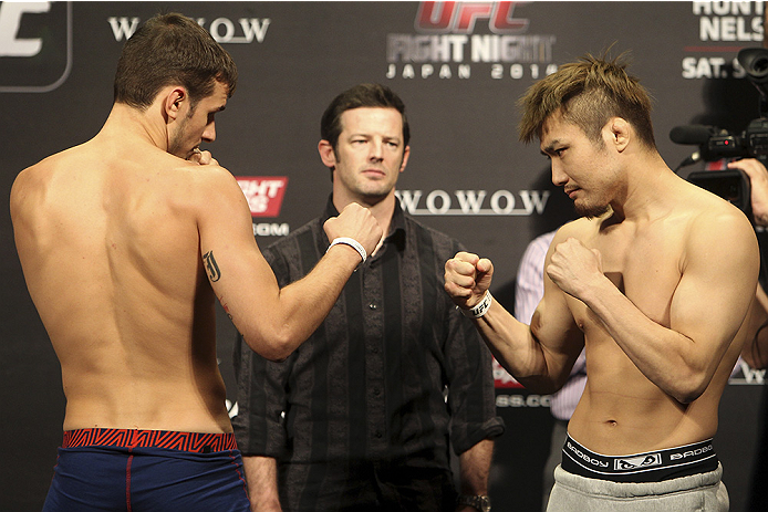 SAITAMA, JAPAN - SEPTEMBER 19: (L and R) Myles Jury and Takanori Gomi during the UFC Fight Night weigh-in event on September 19, 2014 in Saitama, Japan. (Photo by Mitch Viquez/Zuffa LLC/Zuffa LLC via Getty Images)