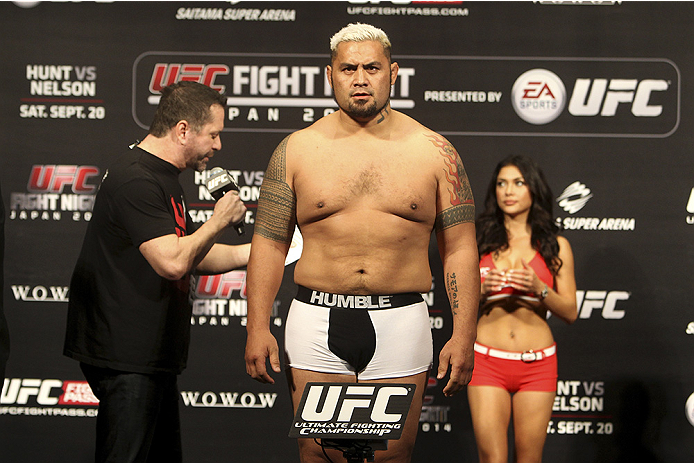 SAITAMA, JAPAN - SEPTEMBER 19: Mark Hunt steps on the scale during the UFC Fight Night weigh-in event on September 19, 2014 in Saitama, Japan. (Photo by Mitch Viquez/Zuffa LLC/Zuffa LLC via Getty Images)