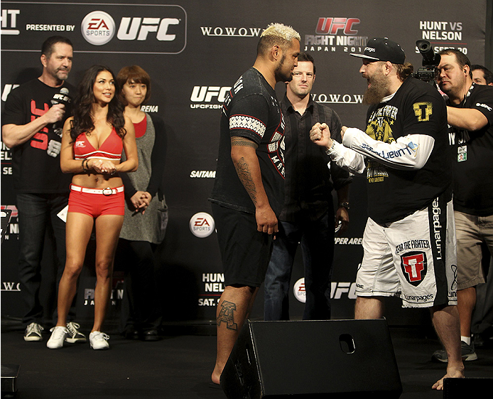 SAITAMA, JAPAN - SEPTEMBER 19: (L and R) Mark Hunt and Roy Nelson during the UFC Fight Night weigh-in event on September 19, 2014 in Saitama, Japan. (Photo by Mitch Viquez/Zuffa LLC/Zuffa LLC via Getty Images)