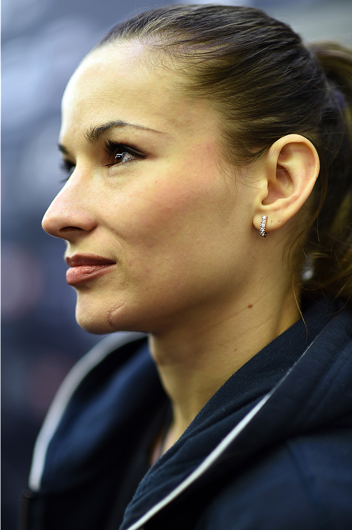 KRAKOW, POLAND - APRIL 08: Aleksandra Albu interacts with media during the UFC Fight Night Ultimate Media Day inside the TAURON Arena on April 8, 2015 in Krakow, Poland. (Photo by Jeff Bottari/Zuffa LLC/Zuffa LLC via Getty Images)