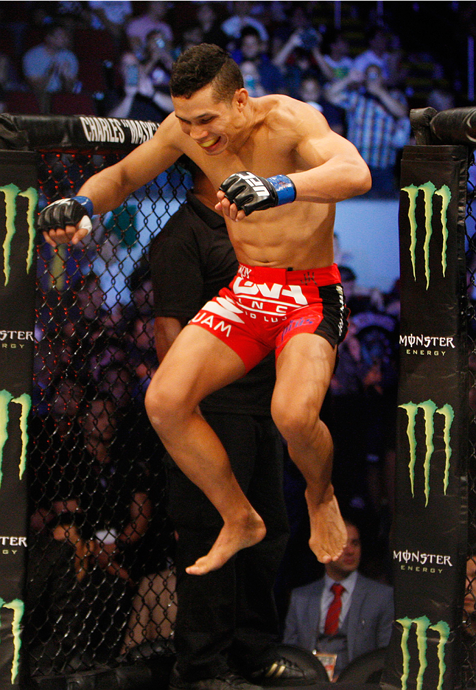 MANILA, PHILIPPINES - MAY 16: Jon Tuck of Guam jumps when he enters the cage before his lightweight fight during the UFC Fight Night event at the Mall of Asia Arena on May 16, 2015 in Manila, Philippines. (Photo by Mitch Viquez/Zuffa LLC/Zuffa LLC via Ge
