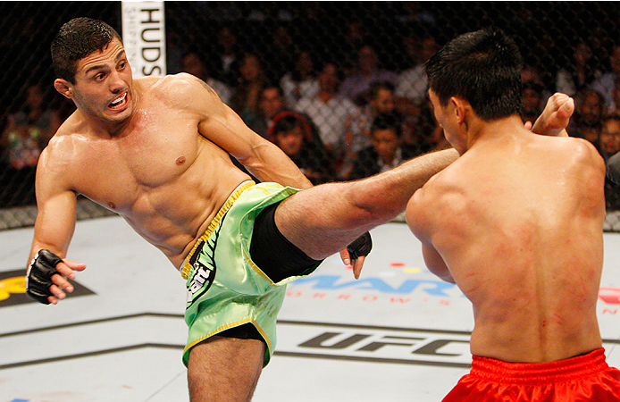 MANILA, PHILIPPINES - MAY 16: Levan Makashvili of the United States throws a kick at Mark Eddiva of the Philippines in their featherweight fight during the UFC Fight Night event at the Mall of Asia Arena on May 16, 2015 in Manila, Philippines. (Photo by M