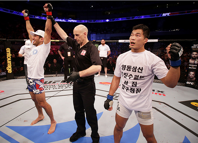MANILA, PHILIPPINES - MAY 16: Phillipe Nover of the United States celebrates his win over Yui Chul Nam of South Korea in their featherweight fight during the UFC Fight Night event at the Mall of Asia Arena on May 16, 2015 in Manila, Philippines. (Photo by