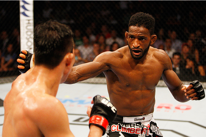 MANILA, PHILIPPINES - MAY 16: Neil Magny of the United States squares off with Hyun Gyu Lim of South Korea in their welterweight fight during the UFC Fight Night event at the Mall of Asia Arena on May 16, 2015 in Manila, Philippines. (Photo by Mitch Vique